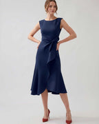 Serelune Midi Dress by Lauven — sleeveless satin midi dress with ruffle detail and fit flare silhouette
