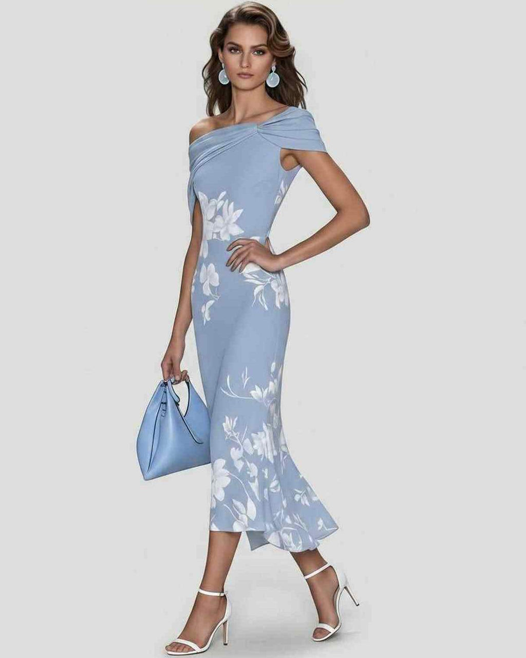 Veloura Midi Dress by Lauven — floral off shoulder satin midi dress with draped sleeves