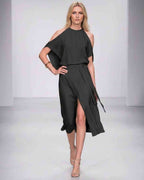 Seralyn Midi Dress by Lauven — halter sleeveless wrap midi dress with tie waist and front slit