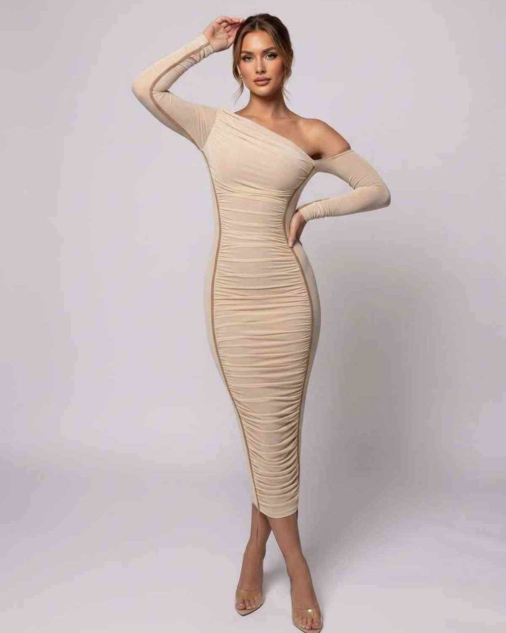 Veloura Midi Dress by Lauven — one shoulder long sleeve ruched bodycon midi dress