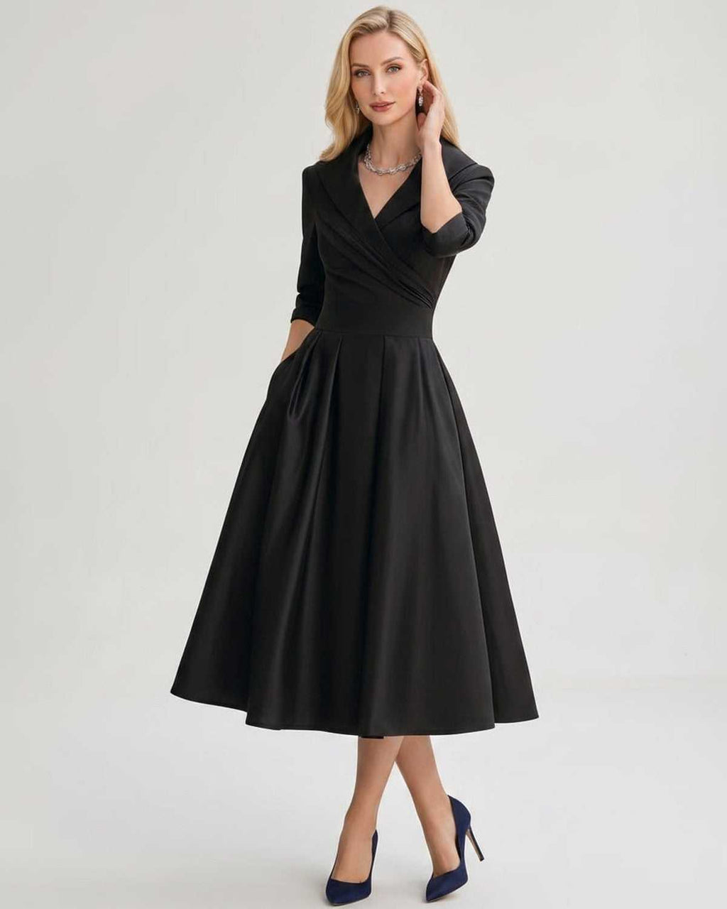 Serelune Midi Dress by Lauven — satin blend 3/4 sleeve V-neck A-line midi dress