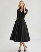 Serelune Midi Dress by Lauven — satin blend 3/4 sleeve V-neck A-line midi dress
