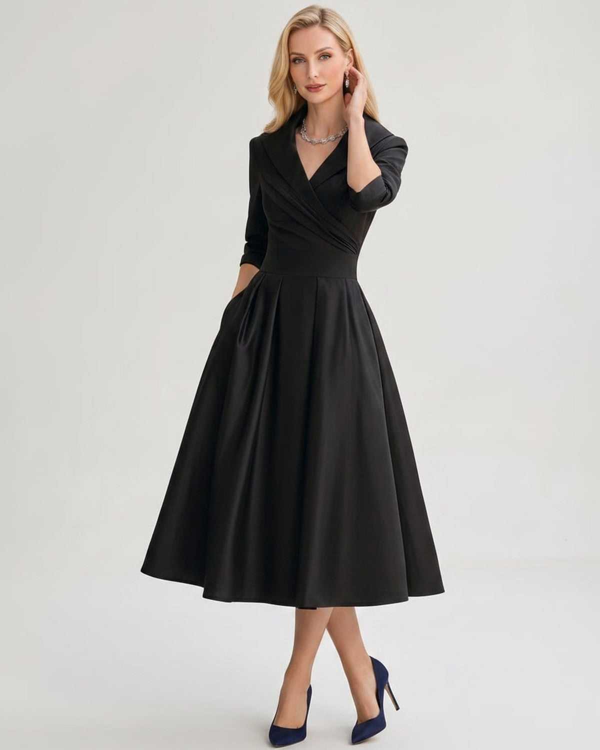 Serelune Midi Dress by Lauven — satin blend 3/4 sleeve V-neck A-line midi dress