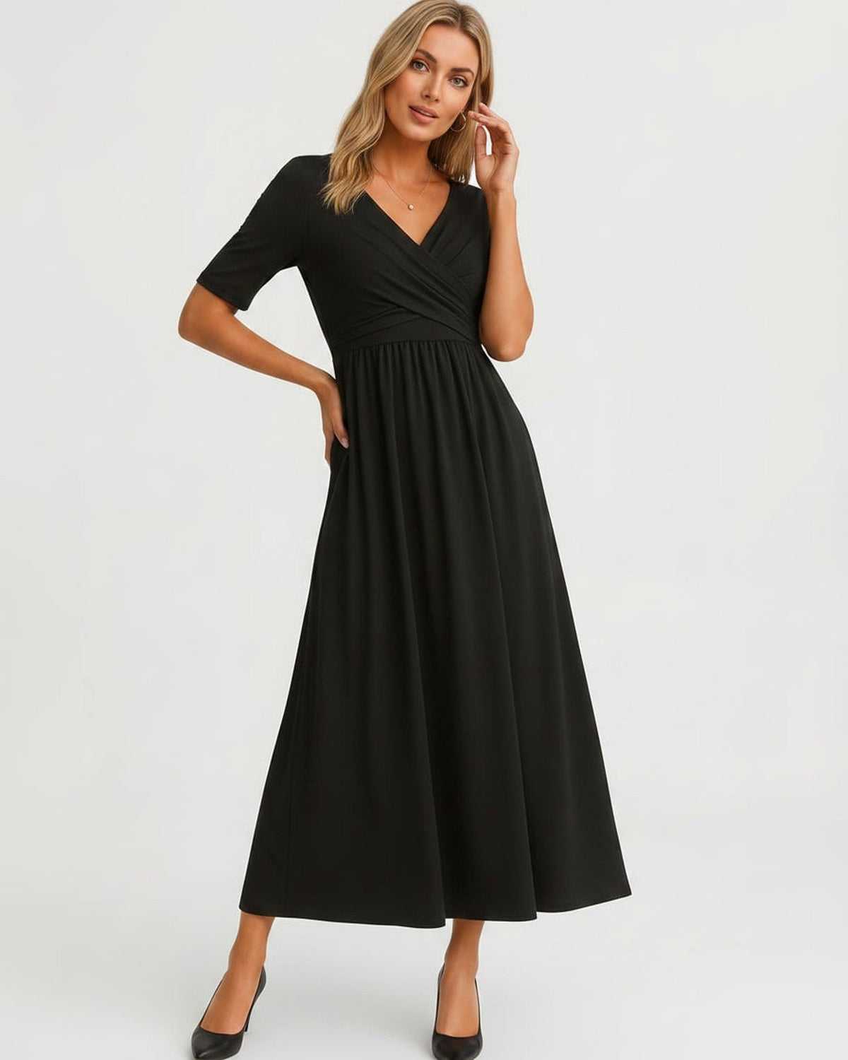 Velmira Midi Dress by Lauven — soft stretch short sleeve V-neck A-line midi dress