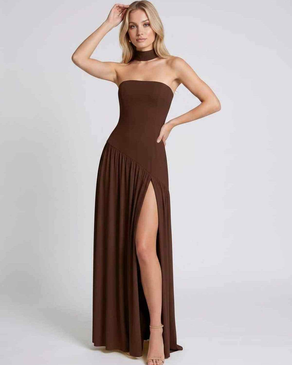 Solenne Maxi Dress by Lauven — stretch knit sleeveless strapless asymmetric maxi dress