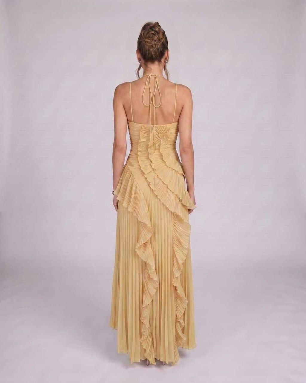 Valerise Maxi Dress by Lauven — chiffon sleeveless halter asymmetrical maxi dress