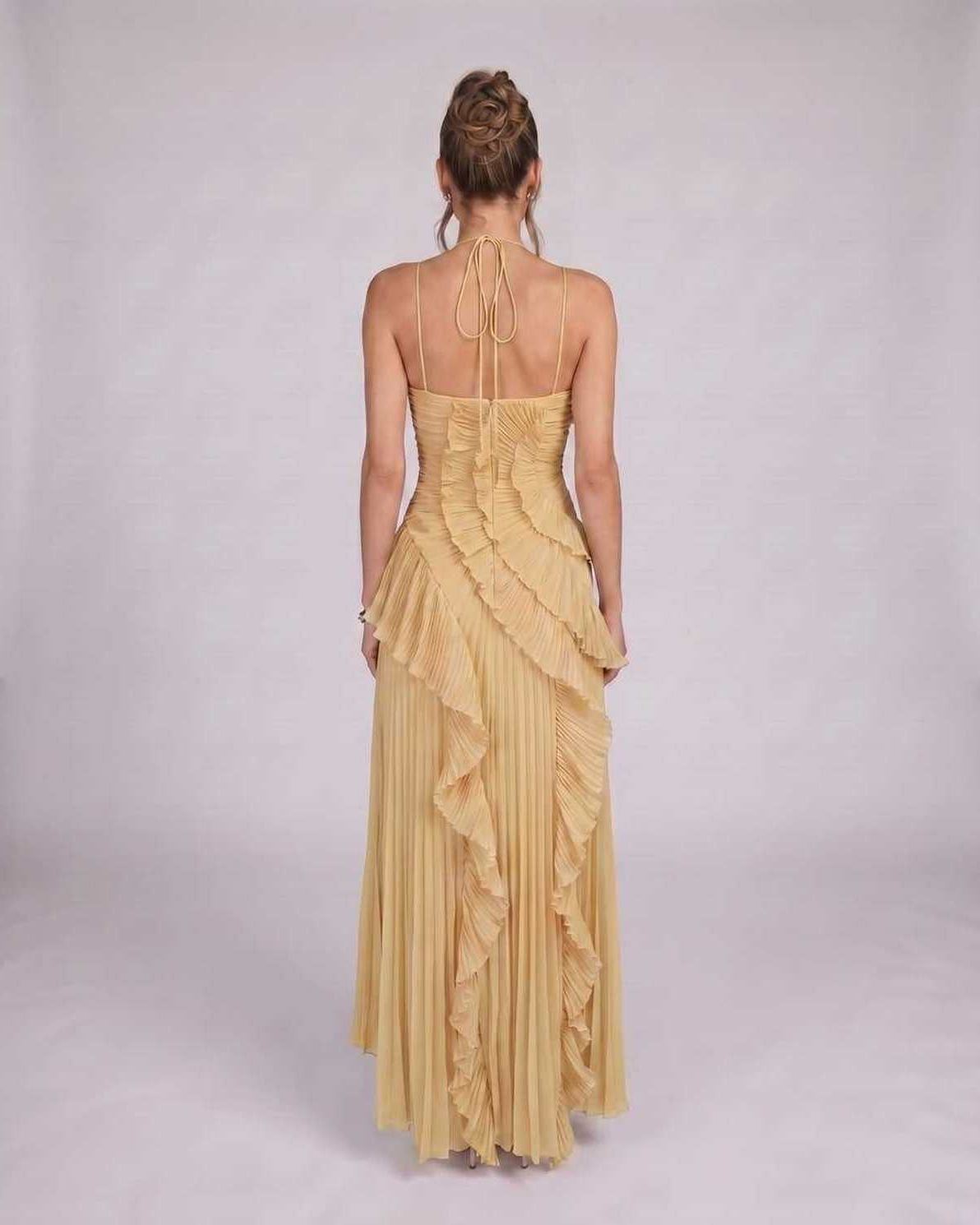 Valerise Maxi Dress by Lauven — chiffon sleeveless halter asymmetrical maxi dress