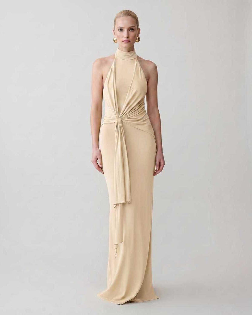 Serelle Maxi Dress by Lauven — beige polyester sleeveless halter neck fitted column maxi dress