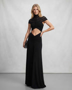 Veloura Maxi Dress by Lauven — polyester short sleeve stand collar flared hem maxi dress