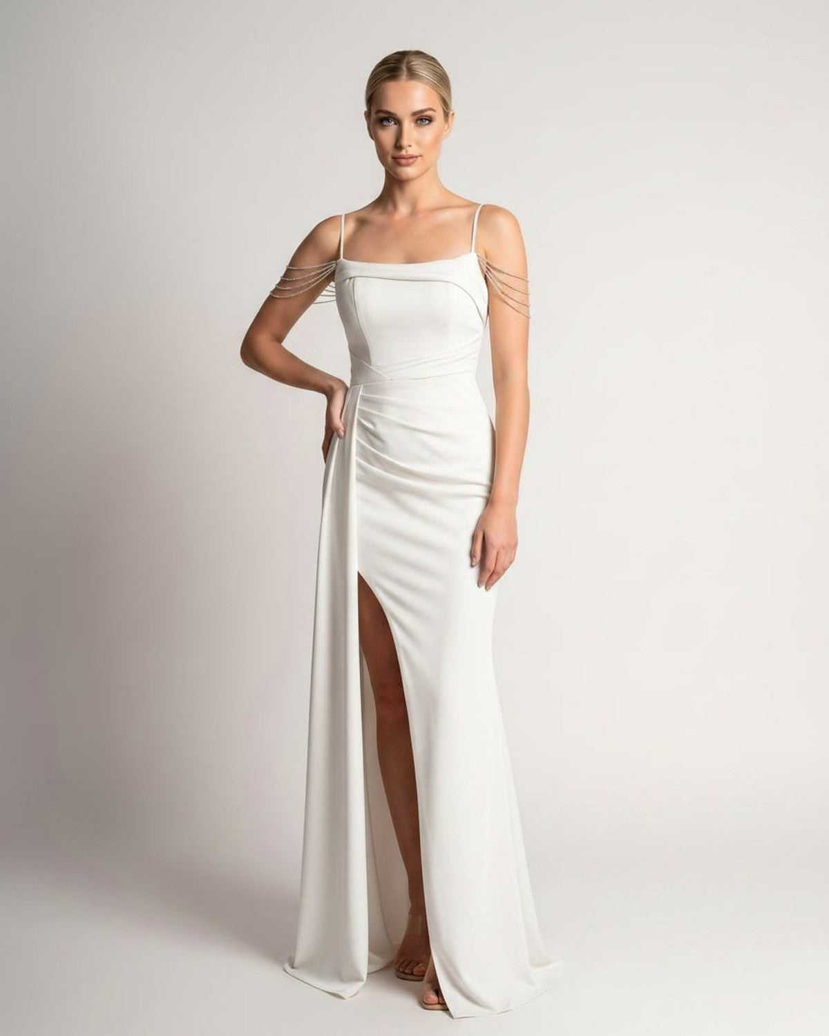 Celestia Maxi Dress by Lauven — polyester spaghetti strap mermaid maxi dress with beading and split