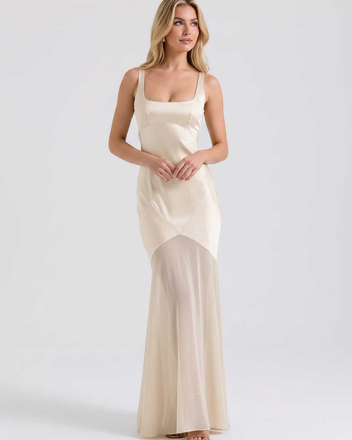 Lunelle Maxi Dress by Lauven — polyester square neck sleeveless slip maxi dress with satin chiffon detail