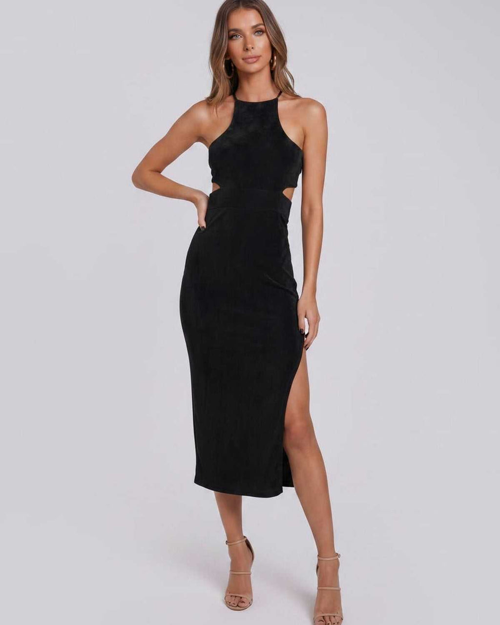 Sable Midi Dress by Lauven — suede-touch polyester blend sleeveless crew neck slim midi dress