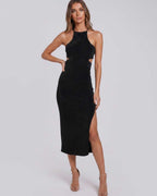 Sable Midi Dress by Lauven — suede-touch polyester blend sleeveless crew neck slim midi dress