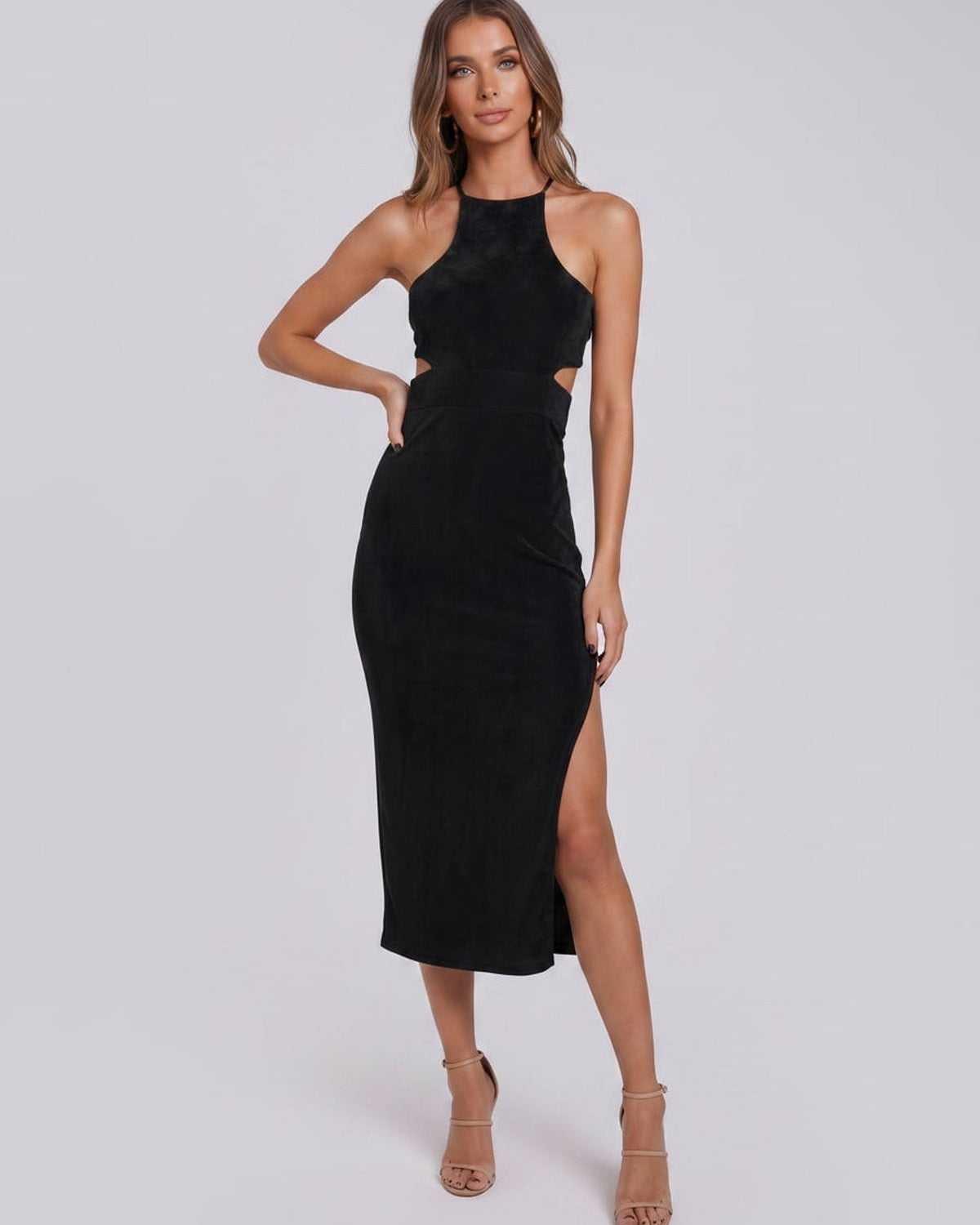 Sable Midi Dress by Lauven — suede-touch polyester blend sleeveless crew neck slim midi dress