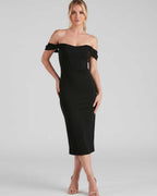 Celeste Midi Dress by Lauven — crepe-lined off-shoulder corset fitted midi dress