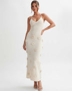 Rosette Maxi Dress by Lauven — textured polyester knit sleeveless V-neck floral maxi dress