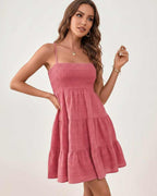Solara Mini Dress by Lauven — textured sleeveless square neck tiered swing mini dress