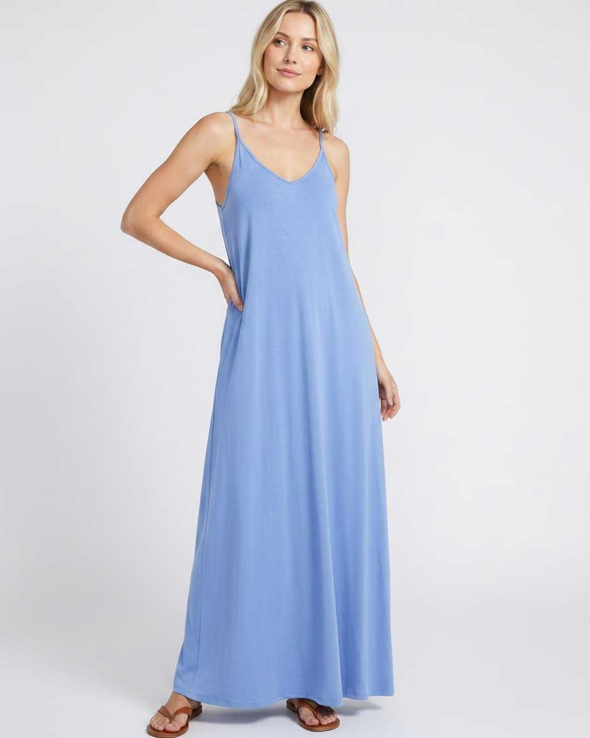 Solenne Maxi Dress by Lauven — soft stretch sleeveless V-neck relaxed A-line maxi dress