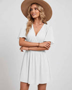 Calista Mini Dress by Lauven — chiffon ruffled short sleeve V-neck A-line mini dress