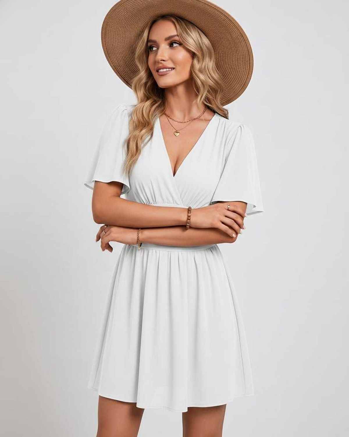 Calista Mini Dress by Lauven — chiffon ruffled short sleeve V-neck A-line mini dress