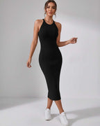 Lunara Midi Dress by Lauven — ribbed knit sleeveless crew neck slim-fit midi dress