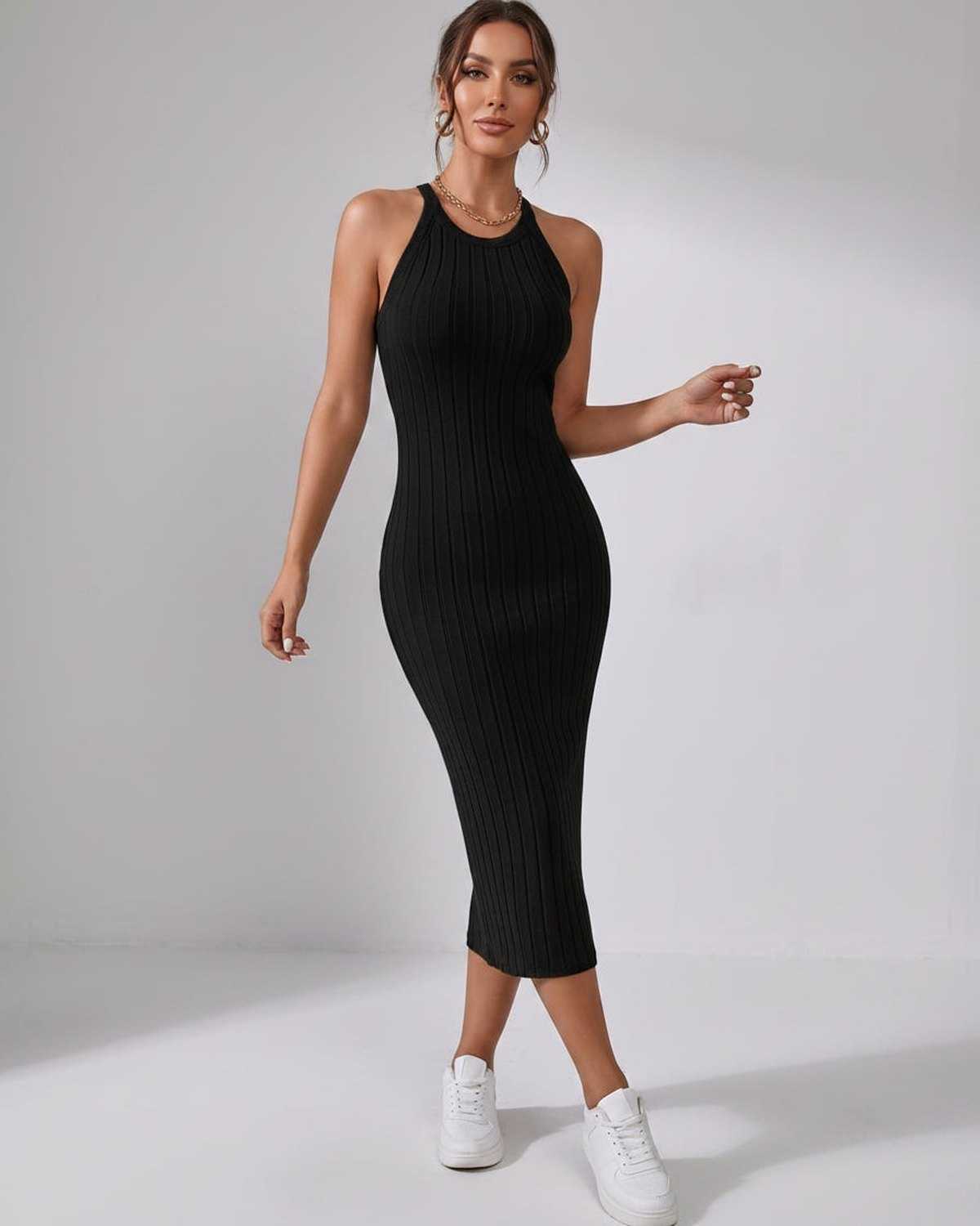 Lunara Midi Dress by Lauven — ribbed knit sleeveless crew neck slim-fit midi dress