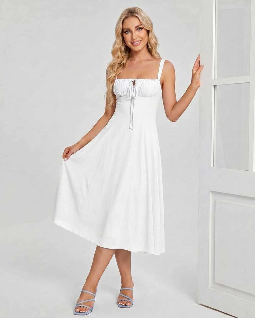 Serelune Midi Dress by Lauven — white lightweight sleeveless square neck A-line midi dress