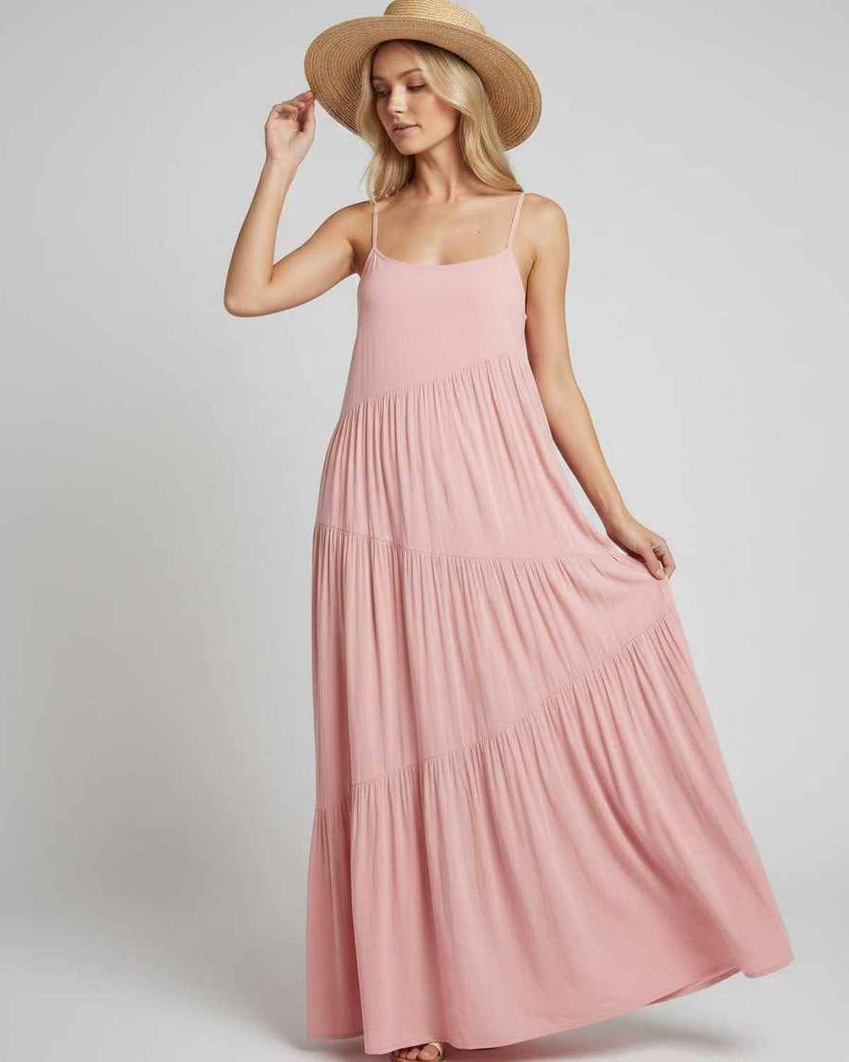Solenne Maxi Dress by Lauven — rayon blend sleeveless scoop neck tiered A-line maxi dress