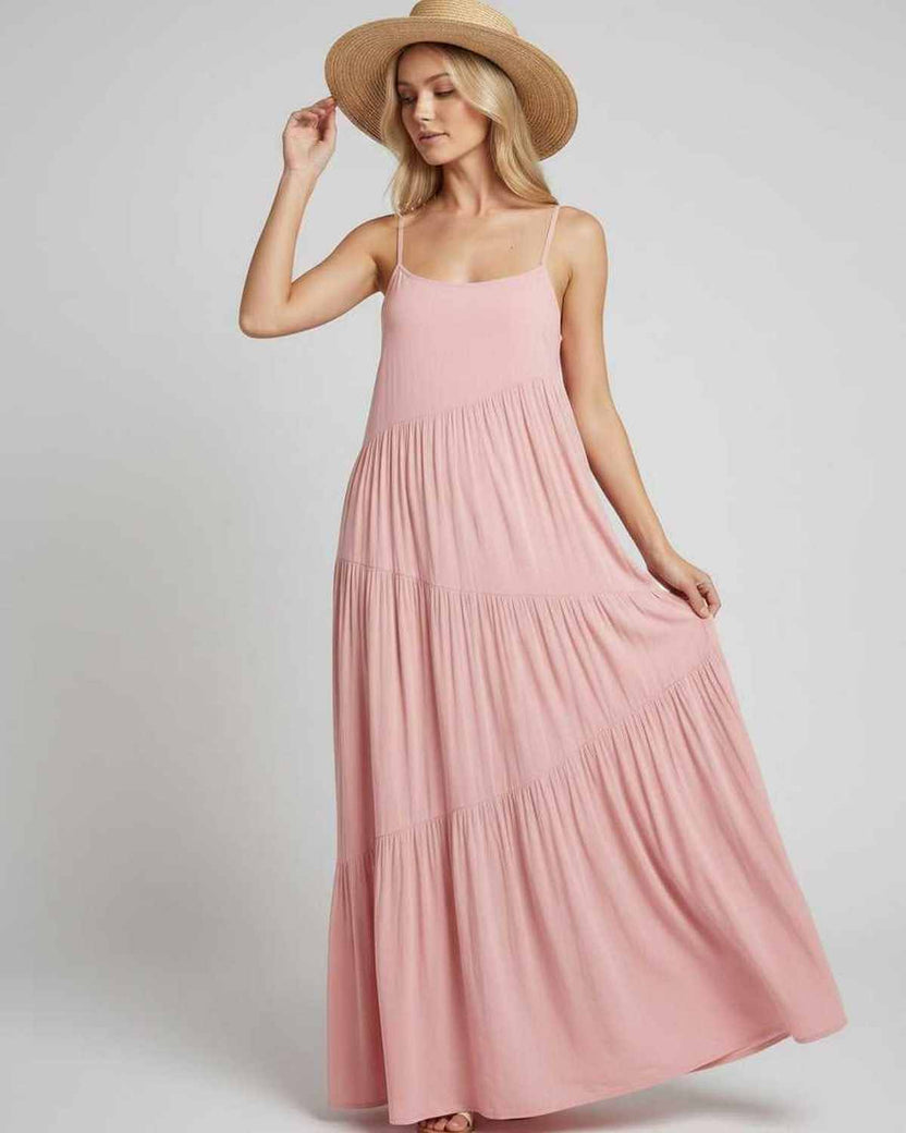 Solenne Maxi Dress by Lauven — rayon blend sleeveless scoop neck tiered A-line maxi dress