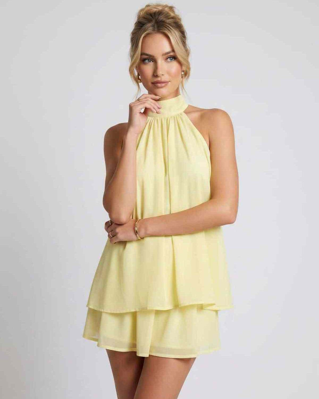 Celestia Mini Dress by Lauven — chiffon sleeveless halter neck mini dress