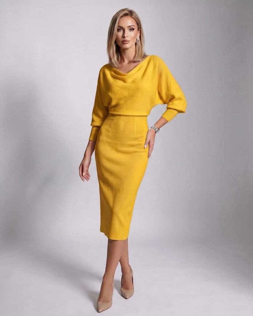 Serene Midi Dress by Lauven — yellow knit batwing sleeve cowl neck fitted midi dress