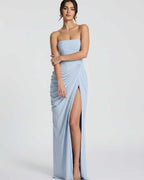 Seraphine Maxi Dress by Lauven — chiffon strapless pleated high slit maxi dress