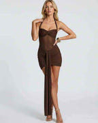 Veloura Mini Dress by Lauven — stretch mesh halter neck ruched bodycon mini dress