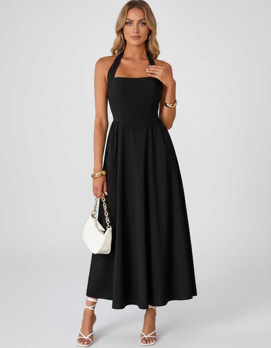 Veloura Midi Dress by Lauven — satin blend sleeveless square neck A-line midi dress