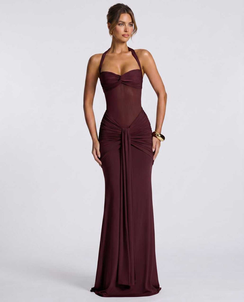 Solvane Maxi Dress by Lauven — burgundy stretch mesh sleeveless halter neck slim fit maxi dress