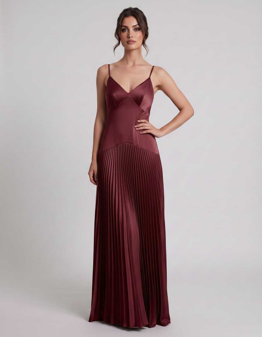 Veloura Maxi Dress by Lauven — satin spaghetti strap V-neck A-line maxi dress