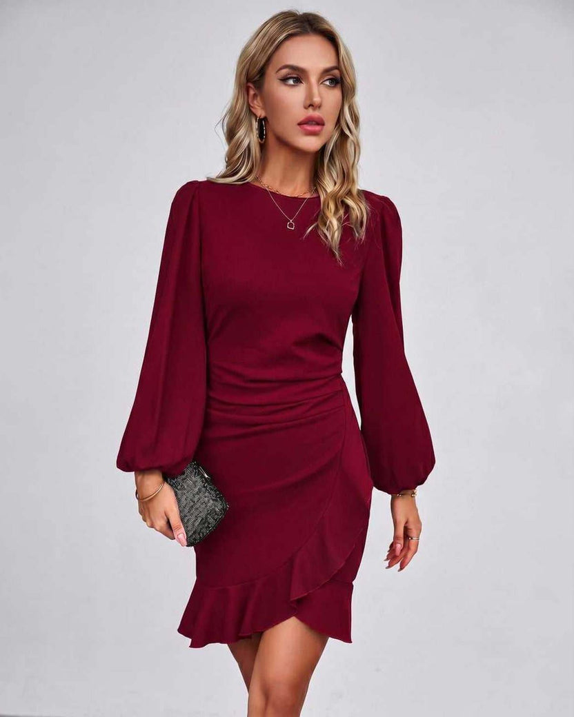 Virelle Mini Dress by Lauven — red long sleeve round neck fitted mini dress with ruffle hem