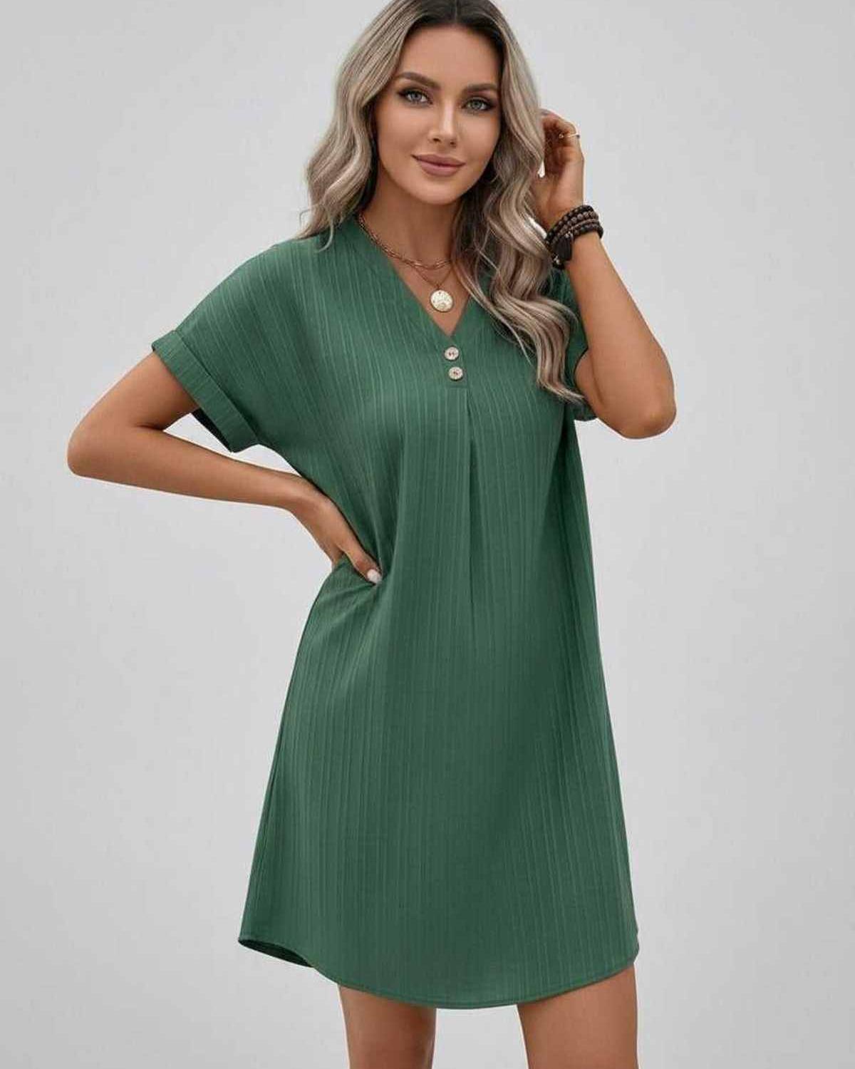 Lunelle Mini Dress by Lauven — textured short sleeve V-neck relaxed mini dress