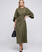 Celest Midi Dress by Lauven — breathable fabric lantern sleeve crew neck belted wrap midi dress
