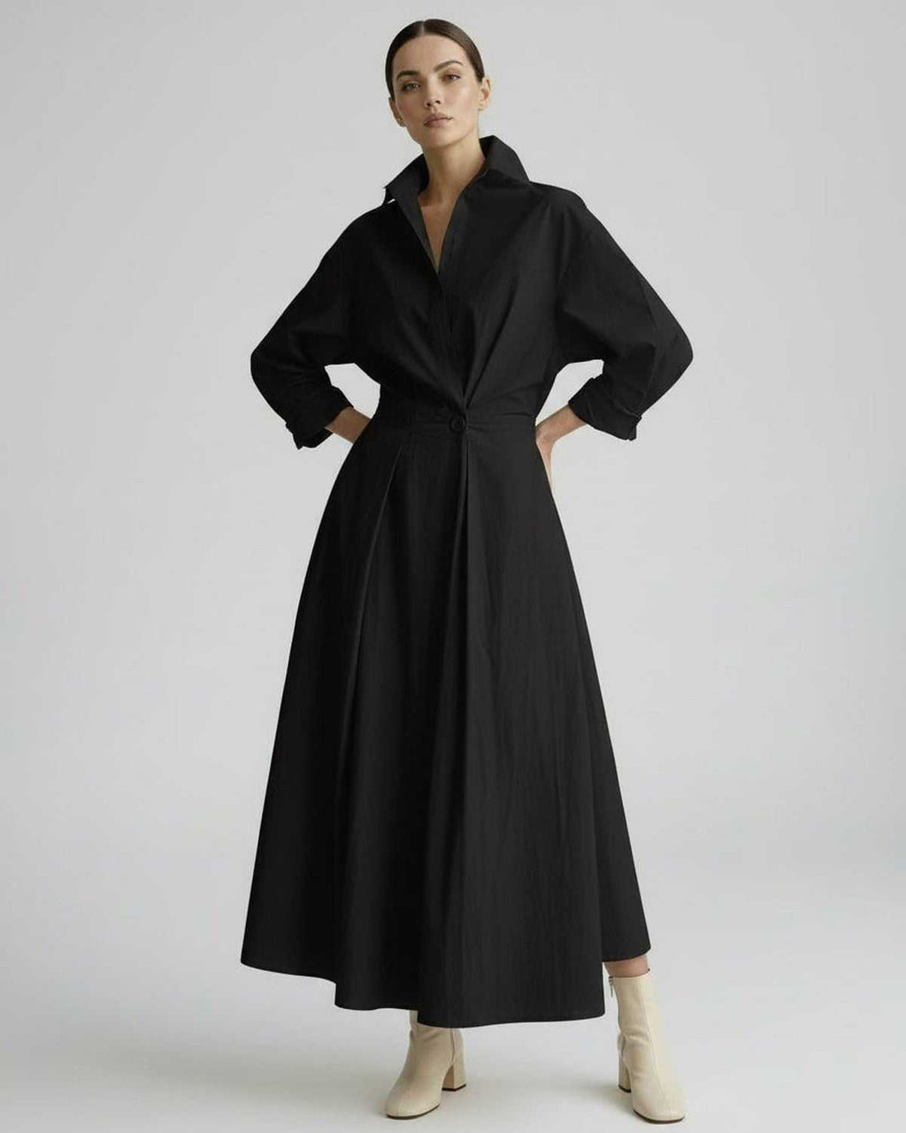 Aurelia Midi Dress by Lauven — breathable fabric long sleeve stand collar belted A-line midi dress