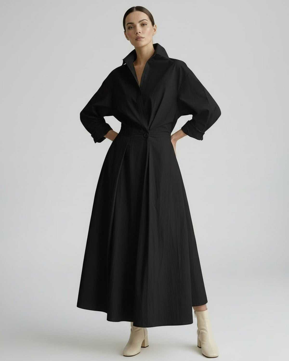 Aurelia Midi Dress by Lauven — breathable fabric long sleeve stand collar belted A-line midi dress