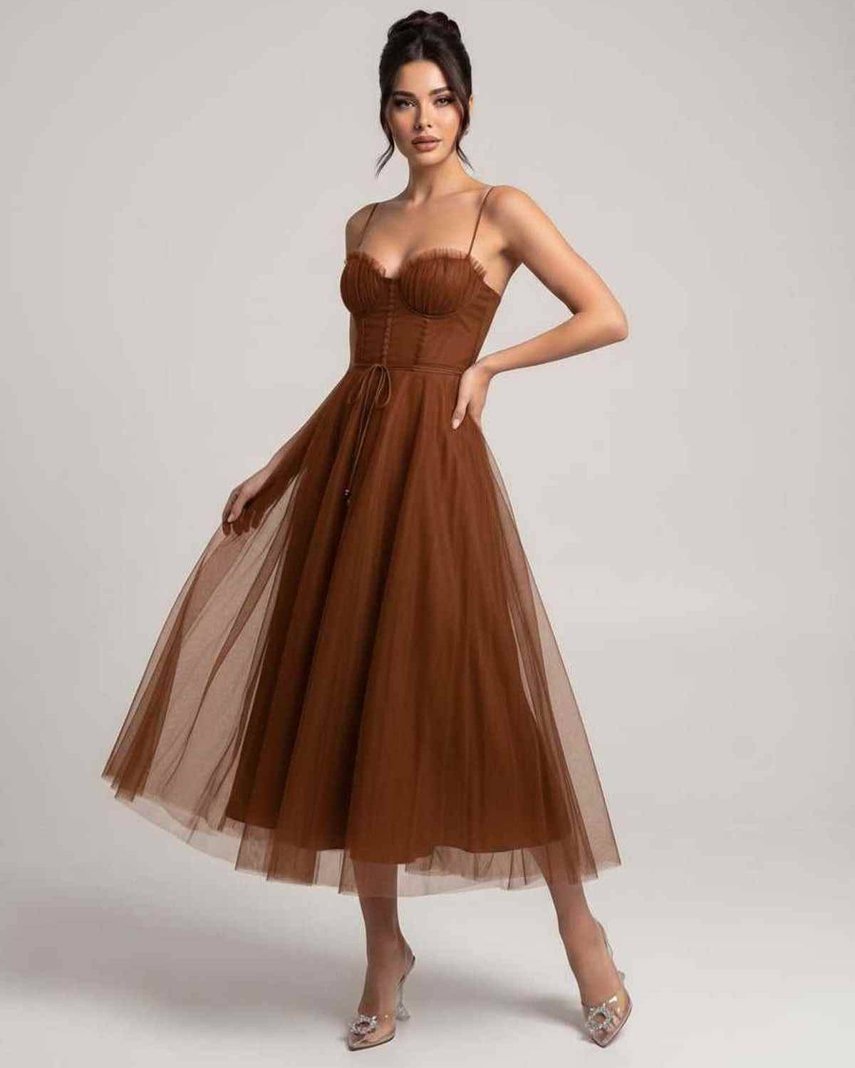 Elara Midi Dress by Lauven — tulle sleeveless sweetheart neck structured bodice midi dress
