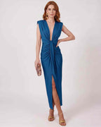 Aurelle Maxi Dress by Lauven — lightweight sleeveless deep v neck fitted maxi dress with pleats and slit