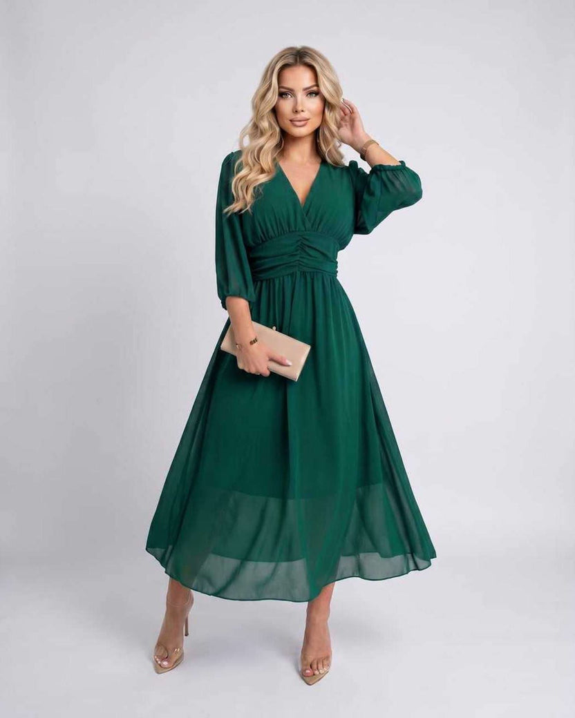 Veloura Midi Dress by Lauven — green lightweight chiffon three quarter sleeve v neck A-line midi dress