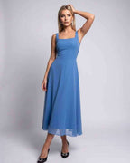 Lunara Midi Dress by Lauven — lightweight chiffon sleeveless square neck A-line midi dress