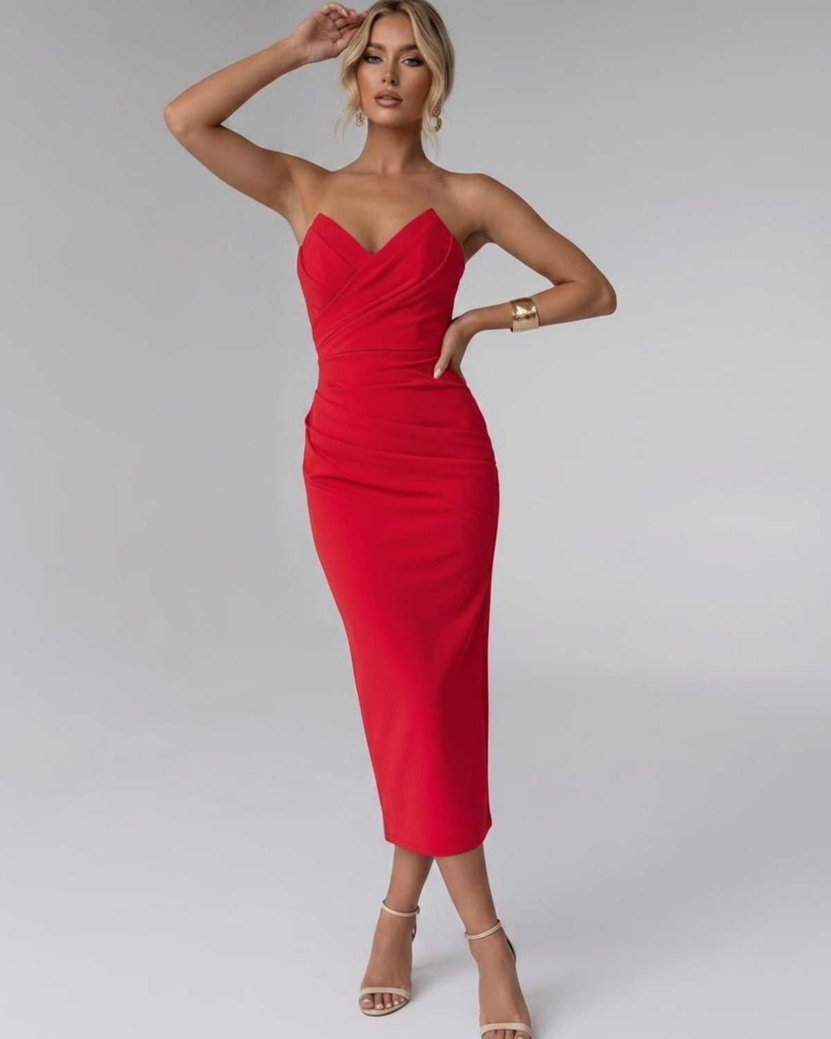 Serelle Midi Dress by Lauven — smooth stretch strapless sweetheart neck fitted midi dress