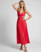 Lunara Midi Dress by Lauven — satin sleeveless V-neck flowing pleated midi dress