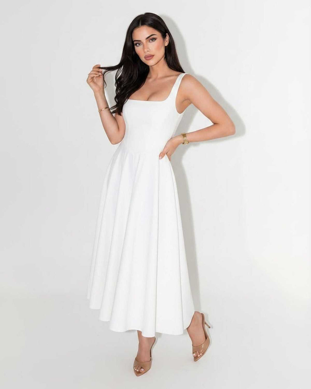 Elara Midi Dress by Lauven — structured sleeveless square neck fit and flare midi dress