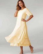 Aurelia Midi Dress by Lauven — lightweight short sleeve round neck layered midi dress
