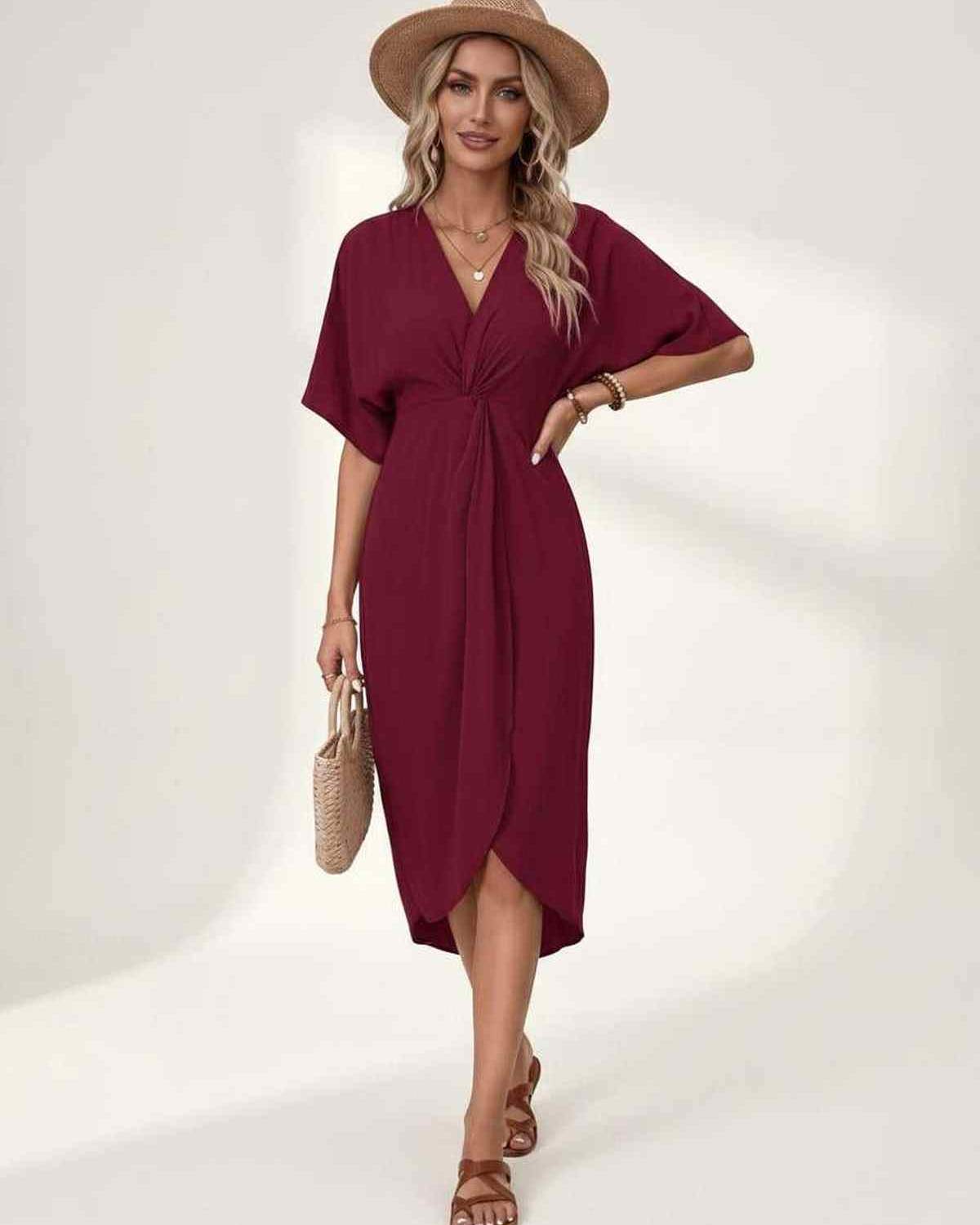 Elara Midi Dress by Lauven — premium short sleeve V-neck wrap style midi dress